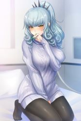 Rule 34 | 1girl, arm between breasts, blunt bangs, blush, breasts, carmilla (fate), closed mouth, covered erect nipples, curly hair, fate/grand order, fate (series), fingernails, green nails, grey sweater, hair ornament, highres, kneeling, large breasts, long hair, looking at viewer, nail polish, on bed, pantsu majirou, pantyhose, pillow, ponytail, ribbed sweater, sharp fingernails, silver hair, solo, spikes, sweater, thighs, turtleneck, turtleneck sweater, yellow eyes