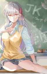 Rule 34 | 1girl, black skirt, blush, board eraser, breasts, chalk, chalkboard, cleavage, closed mouth, collarbone, collared shirt, desk, dress shirt, earrings, fate/grand order, fate (series), frown, hair ribbon, hand on own chest, highres, jewelry, kama (fate), large breasts, light particles, light rays, long hair, long sleeves, looking at viewer, matcha7611, on desk, red eyes, ribbon, school uniform, shirt, silver hair, sitting, on desk, skirt, sleeves rolled up, sweater vest, thighs, underwear, vest, white shirt, yellow vest