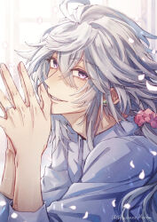 Rule 34 | 1boy, ahoge, alternate costume, artist name, blush, collared shirt, earrings, falling petals, fate/grand order, fate (series), film grain, glint, glowing, glowing petals, grin, hair between eyes, highres, jewelry, long hair, long sleeves, looking at viewer, male focus, merlin (fate), nekohanemocha, own hands together, palms together, petals, purple eyes, ring, robe, shirt, sidelocks, simple background, smile, solo, twitter username, upper body, white hair, white shirt, window, wing collar