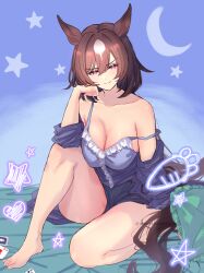 Rule 34 | 1girl, alternate costume, animal ears, babydoll, bare shoulders, barefoot, blue babydoll, blue camisole, breasts, brown hair, camisole, cleavage, closed mouth, crescent moon, ear ornament, feet, frilled camisole, frills, hair between eyes, hand on own face, highres, horse ears, horse girl, horse tail, large breasts, legs, long hair, looking at viewer, mmm (mmm623), moon, multicolored hair, on bed, red eyes, sirius symboli (umamusume), smile, solo, streaked hair, tail, toes, umamusume