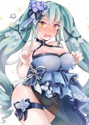 Rule 34 | 1girl, absurdres, bare shoulders, blue dress, blue hair, blue panties, blush, breasts, cleavage, dress, drill hair, flower, flower thigh strap, goddess of victory: nikke, hair flower, hair ornament, hair ribbon, halter dress, halterneck, highres, jewelry, large breasts, light blue hair, long hair, looking at viewer, necklace, open mouth, panties, pantyshot, privaty (banquet princess) (nikke), privaty (nikke), ribbon, solo, stardust shalala, thigh strap, twintails, underwear, very long hair, wavy mouth, yellow eyes