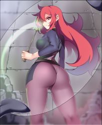 Rule 34 | 10s, 1girl, ass, bodysuit, breasts, chariot du nord, covered erect nipples, frown, hair over one eye, hip focus, huge ass, kippuru, little witch academia, long hair, looking at viewer, looking back, medium breasts, red eyes, red hair, sideboob, skin tight, skindentation, solo, spoilers, staff, stone wall, thighs, ursula callistis, wall, wand, wide hips