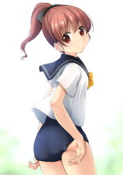 Rule 34 | 1girl, ass, blue one-piece swimsuit, blue sailor collar, brown hair, cowboy shot, from behind, highres, looking at viewer, looking back, neckerchief, no pants, one-piece swimsuit, original, ponytail, red eyes, sailor collar, school swimsuit, school uniform, serafuku, shibacha, short hair, simple background, smile, solo, swimsuit, swimsuit under clothes, uniform, white background, yellow neckerchief