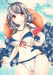 Rule 34 | 1girl, ahoge, arm scrunchie, bikini, blush, breasts, cameltoe, cleavage, closed mouth, floral print, hair flaps, hat, hat on back, highres, kantai collection, large breasts, long hair, low twintails, marker (medium), red eyes, saya pr, scrunchie, solo, swimsuit, taigei (kancolle), traditional media, twintails