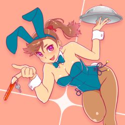 Rule 34 | 1girl, animal ears, blue bow, blue bowtie, blue leotard, bow, bowtie, breasts, brown hair, brown pantyhose, cleavage, detached collar, fake animal ears, fukusuke hachi-gou, key, leotard, long hair, looking at viewer, original, pantyhose, playboy bunny, ponytail, rabbit ears, rabbit tail, red eyes, serving dome, solo, strapless, strapless leotard, tail, tray, wrist cuffs
