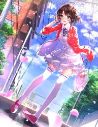 Rule 34 | 1girl, :d, balcony, blazer, brick, bridal garter, brown eyes, brown hair, building, cherry blossoms, dutch angle, frilled thighhighs, frills, hat, highres, jacket, katou megumi, long legs, mary janes, open mouth, plant, pole, power lines, road, saenai heroine no sodatekata, shoes, skirt, smile, standing, swordsouls, thighhighs, tree, white thighhighs, zettai ryouiki