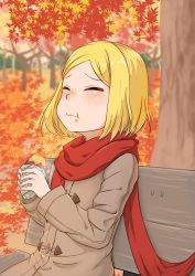 Rule 34 | 1girl, alternate color, autumn, autumn leaves, bench, blonde hair, brown coat, coat, commentary request, eating, fate/grand order, fate (series), food, food on face, forest, highres, leaf, maple leaf, nature, outdoors, paul bunyan (fate), red scarf, scarf, short hair, solo, sweet potato, tree, tsugumi amon