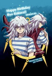 Rule 34 | 2boys, bakura ryou, bright pupils, character name, closed mouth, commentary request, dated, dual persona, grey hair, hand up, happy birthday, highres, holding, long hair, male focus, millennium ring, multiple boys, red eyes, shirt, smile, soya (sys ygo), striped clothes, striped shirt, t-shirt, twitter username, white pupils, white shirt, yami bakura, yu-gi-oh!, yu-gi-oh! duel monsters