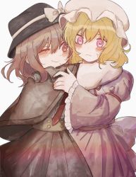 Rule 34 | 2girls, ;), black capelet, black headwear, black skirt, blonde hair, blouse, blush, bow, brown hair, capelet, commentary, dress, embarrassed, frilled dress, frills, hair between eyes, hand on another&#039;s shoulder, hat, hat bow, highres, hug, long sleeves, looking at another, looking at viewer, maribel hearn, mob cap, multiple girls, neck ribbon, necktie, one eye closed, purple bow, purple dress, purple eyes, rbfnrbf (mandarin), red eyes, red necktie, red ribbon, ribbon, shirt, skirt, smile, sweatdrop, touhou, usami renko, waist bow, white background, white bow, white headwear, white shirt, wide sleeves
