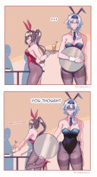 Rule 34 | 2girls, amber (genshin impact), animal ears, bare shoulders, black leotard, bow, bowtie, breasts, cleavage, comic, cup, detached collar, drinking glass, english text, eula (genshin impact), fake animal ears, genshin impact, high heels, highres, kiegenshin, large breasts, leotard, long hair, looking at viewer, medium breasts, multiple girls, pantyhose, playboy bunny, rabbit ears, rabbit tail, red leotard, shaded face, strapless, strapless leotard, tail, tray, wrist cuffs