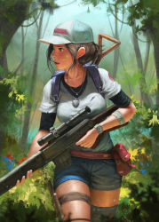 Rule 34 | 1girl, backpack, bag, bandaged arm, bandages, bandaid, bandaid on cheek, bandaid on face, baseball cap, black shirt, blue bag, blue shorts, breasts, brown eyes, brown hair, bush, character request, commentary, copyright request, cowboy shot, day, denim, denim shorts, dragunov svd, english commentary, forest, green background, grey thighhighs, gun, hat, holding, holding gun, holding weapon, holstered, jewelry, knife, knife sheath, left-handed, blue background, medium breasts, nature, necklace, outdoors, parted lips, pendant, rifle, satchel, sheath, shirt, shirt under shirt, short hair, short sleeves, shorts, shovel, single thighhigh, sniper rifle, solo, syar page, thigh strap, thighhighs, tree, two-tone background, walking, watch, weapon, white hat, white shirt, wristwatch