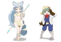 Rule 34 | 2girls, animal ears, anklet, arm tattoo, armor, armored boots, backwards hat, bandeau, bare arms, bare legs, baseball cap, belt, boots, circlet, closed mouth, collared jacket, cosplay, crossover, extra ears, fox ears, fox tail, full body, gloves, graphite (medium), green eyes, green hair, grey hair, hand up, hat, high collar, highres, holding, holding staff, holding weapon, jacket, jewelry, jumpsuit, kemono friends, keroro, keroro gunsou, krystal, krystal (cosplay), leg tattoo, loincloth, long hair, looking at viewer, medium hair, metal, midriff, multiple girls, nat (gsx-r1300), navel, necklace, nintendo, o-ring, o-ring top, open clothes, open jacket, outstretched arm, outstretched hand, parted bangs, pauldrons, pelvic curtain, pendant, personification, sandals, scarf, shoulder armor, sidelocks, silver fox (kemono friends), simple background, slippy toad, slippy toad (cosplay), smile, staff, standing, star (symbol), star fox, star fox adventures, stomach, tail, tattoo, tiara, toenails, toes, traditional media, tsurime, vambraces, very long hair, weapon, white background