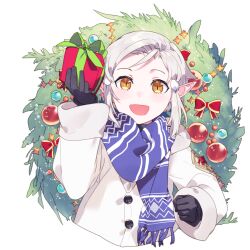 Rule 34 | 1boy, :d, black gloves, blue scarf, bow, christmas, christmas ornaments, christmas wreath, coat, crocell (kuze), cropped torso, fringe trim, gift, giving, gloves, grey hair, holding, holding gift, kuze (ira), long sleeves, looking at viewer, male focus, open mouth, original, pointy ears, red bow, scarf, short hair, simple background, slit pupils, smile, solo, star ornament, swept bangs, white background, white coat, wreath, yellow eyes