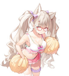 Rule 34 | 1girl, animal ears, bare shoulders, blush, bow, bra, bra peek, breasts, bridal garter, cat ears, cheerleader, cleavage, cowboy shot, crop top, crop top overhang, downblouse, extra ears, flying sweatdrops, glasses, hair bow, hair ornament, hairclip, heart, heart hair ornament, highres, holding, holding pom poms, long hair, looking at viewer, midriff, miniskirt, mole, mole on breast, navel, nekomu, original, pink bow, pink skirt, pleated skirt, pom pom (cheerleading), pom poms, purple bow, red-framed eyewear, red eyes, shirt, silver hair, simple background, single thighhigh, skindentation, skirt, sleeveless, sleeveless shirt, solo, thighhighs, twintails, underwear, very long hair, white background, white thighhighs