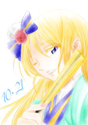 Rule 34 | 1girl, absurdres, angelic angel, aqua kimono, artist request, ayase eli, blonde hair, blue bow, blue eyes, blue kimono, blush, bow, breasts, female focus, flower, hair bow, hair flower, hair ornament, highres, japanese clothes, kimono, long hair, long sleeves, looking at viewer, love live!, love live! school idol project, obi, one eye closed, parted lips, ponytail, sash, short hair, smile, solo, thighhighs, white background, wings, yousolo, zettai ryouiki