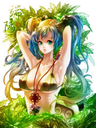 Rule 34 | 1girl, absurdres, arms behind head, bikini, bikini top only, blue hair, breasts, green eyes, highres, jewelry, large breasts, league of legends, long hair, md5 mismatch, necklace, smile, solo, sona (league of legends), swimsuit, teemo, twintails, underboob, waterring