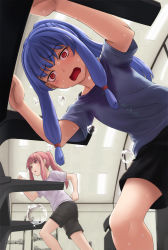 Rule 34 | 2girls, :o, black shorts, blue hair, clenched hands, clothes writing, dumbbell, fluorescent lamp, from below, gym, hair tie, hair up, highres, indoors, kotonoha akane, kotonoha aoi, kurione (zassou), long hair, mirror, multiple girls, open mouth, pink eyes, pink hair, ponytail, purple shirt, running, shirt, short sleeves, shorts, siblings, sidelocks, sisters, sweat, t-shirt, treadmill, turn pale, voiceroid, white shirt