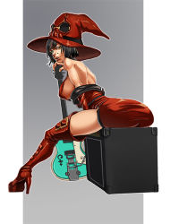 Rule 34 | 1girl, black hair, boots, breasts, dress, guilty gear, guitar, hat, heterochromia, high heels, i-no, instrument, latex, latex dress, short hair, thigh boots, thighhighs, udakyo, witch hat