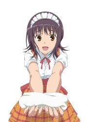Rule 34 | 1girl, anna miller, black hair, brown eyes, face, foreshortening, highres, itsuwa, open mouth, orange skirt, skirt, smile, smile (rz), solo, toaru majutsu no index, towel, vector trace, waitress