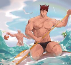 Rule 34 | 2boys, abs, absurdres, ball, bara, beach, beard, bird, black male swimwear, cloud, cloudy sky, facial hair, facial scar, from below, grey hair, happy, highres, large pectorals, league of legends, lixiao6342, looking at another, looking to the side, male focus, male swimwear, mature male, multiple boys, muscular, muscular male, nipples, ocean, orange male swimwear, original, pectorals, playing sports, rainbow, red hair, rowing, scar, scar on cheek, scar on face, scar on nose, seagull, sett (league of legends), short hair, sky, smile, solo focus, stomach, surfboard, surfing, swim briefs, swimsuit, thick eyebrows, thick thighs, thighs, topless male, volleyball, volleyball (object), wet