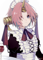 Rule 34 | 1girl, artist name, blue eyes, breasts, captain yue, closed mouth, cup, dress, drinking glass, fate/grand order, fate (series), frankenstein&#039;s monster (fate), frankenstein&#039;s monster (formal dress) (fate), frills, frown, hair ornament, hair over eyes, hair over one eye, headgear, heterochromia, holding, holding plate, horns, juliet sleeves, long sleeves, looking at viewer, maid, maid headdress, parted bangs, pink hair, plate, puffy sleeves, red ribbon, ribbon, short hair, simple background, single horn, solo, upper body, white background, wine glass, yellow eyes