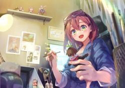 Rule 34 | 1girl, airbrush, blue jacket, blurry, blurry background, blurry foreground, blush, breasts, brown hair, chair, cleavage, eva mashiro, eva mashiro (vtuber), figure, goggles, goggles on head, green eyes, grey shirt, highres, holding, indie virtual youtuber, indoors, jacket, lamp, long sleeves, medium hair, monitor, open mouth, original, shirt, sitting, sleeves rolled up, small breasts, smile, solo, speaker, spray can, upper body, virtual youtuber