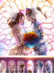 Rule 34 | 10s, 2girls, ayase eli, blonde hair, blue eyes, blush, bouquet, bridal veil, bride, brown hair, circlet, dress, earrings, elbow gloves, flower, gloves, hand on another&#039;s cheek, hand on another&#039;s face, highres, jewelry, kosaka honoka, long hair, looking at another, love live!, love live! school idol project, multiple girls, ponytail, railing, side ponytail, thighhighs, tiara, veil, wantan meo, wedding dress, wife and wife, yuri