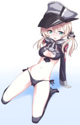 Rule 34 | 10s, 1girl, adapted costume, anchor hair ornament, arm support, bad id, bad pixiv id, bikini, black bikini, black thighhighs, blush, cleavage cutout, clothing cutout, gradient background, hair ornament, hat, highres, kantai collection, kneeling, long hair, low twintails, peaked cap, prinz eugen (kancolle), shirt, side-tie bikini bottom, solo, swimsuit, take shinobu, thighhighs, tied shirt, twintails
