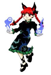 Rule 34 | 1girl, amaho yarou, animal ears, black bow, black dress, black footwear, black ribbon, blue fire, blush, bow, braid, cat ears, dress, extra ears, fire, flaming skull, floating skull, ghost, green dress, hitodama, holding, holding skull, kaenbyou rin, leg ribbon, multiple tails, otter, pointy ears, puffy sleeves, red eyes, red hair, ribbon, simple background, skull, smile, tail, touhou, twin braids, two tails, wheel, whiskers, white background, zun (style)