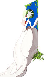 Rule 34 | 1girl, abstract, absurdres, bare shoulders, bob cut, colored skin, creatures (company), doorway, dress, elbow gloves, female focus, flat chest, from side, full body, game freak, gardevoir, gen 3 pokemon, gloves, grass, green hair, hand up, highres, long dress, mega gardevoir, mega pokemon, moss, nintendo, pokemon, pokemon (creature), profile, red eyes, short hair, solo, standing, strapless, strapless dress, tem (tem konp10), white background, white dress, white gloves, white skin