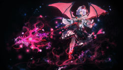 Rule 34 | 1girl, blue hair, dress, full body, gothic lolita, high heels, highres, holding, holding spear, holding weapon, lolita fashion, long sleeves, polearm, pumps, red eyes, red footwear, red wings, remilia scarlet, shoes, short hair, solo, spear, touhou, tunamayo (dsasd751), weapon, wide sleeves, wings