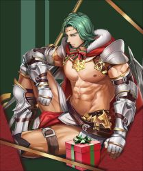 Rule 34 | 1boy, abs, anjingkuxiao, bara, bare pectorals, beard, bow, bowtie, box, cape, chest harness, christmas, facial hair, feet out of frame, fire emblem, fur-trimmed cape, fur trim, gauntlets, gift, gift box, green hair, harness, highres, large pectorals, leather, looking at viewer, male focus, mature male, muscular, muscular male, navel, nintendo, nipples, pectorals, pelvic curtain, santa costume, seteth (fire emblem), short hair, sitting, snowflake print, solo, stomach, thighs