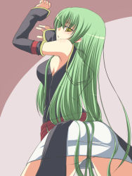 Rule 34 | 00s, 1girl, against wall, armpits, ass, breasts, c.c., code geass, detached sleeves, from behind, green hair, long hair, looking back, nagami yuu, solo, very long hair, yellow eyes