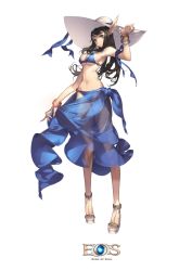 Rule 34 | 1girl, bikini, black hair, blue bikini, breasts, brown eyes, copyright name, echo of soul, full body, hat, highres, holding, large breasts, long hair, pointy ears, sarong, see-through, solo, standing, sun hat, swimsuit, white background, yato0401