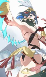 Rule 34 | 1girl, absurdres, ass, bare shoulders, black hair, black panties, black skirt, blood, blood on hands, blue hair, bracer, breasts, colored inner hair, detached collar, facepaint, fate/grand order, fate (series), feathers, grey eyes, halterneck, headdress, high collar, highres, looking at viewer, multicolored hair, panties, pelvic curtain, pretty-purin720, revision, sash, short hair, sideboob, sidelocks, skirt, small breasts, solo, tassel, tenochtitlan (fate), tenochtitlan (first ascension) (fate), thighs, underwear, whip
