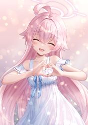 Rule 34 | 1girl, absurdres, bare arms, bare shoulders, blue archive, blush, breasts, closed eyes, collarbone, commentary request, dress, ekura28, facing viewer, fang, hair between eyes, halo, hands up, happy, heart, heart hands, highres, hoshino (blue archive), long hair, official alternate costume, open mouth, pink hair, pink halo, simple background, sleeveless, sleeveless dress, small breasts, smile, solo, standing, sundress, white dress