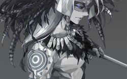 Rule 34 | 1boy, arm tattoo, aztec, bare shoulders, black nails, blue eyes, braid, fate/grand order, fate (series), feathers, fingerless gloves, from side, gloves, grey background, holding, holding weapon, long hair, looking at viewer, male focus, sei 8220, tattoo, tezcatlipoca (fate), tezcatlipoca (third ascension) (fate), traditional clothes, upper body, weapon