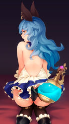 Rule 34 | 1girl, animal ears, ass, backless outfit, bare shoulders, black footwear, black panties, black thighhighs, blue hair, blush, commentary, curly hair, earrings, english commentary, erune, ferry (granblue fantasy), flask, from behind, gloves, granblue fantasy, highres, jewelry, kneeling, leaning forward, long hair, looking at viewer, looking back, open mouth, panties, rabbit ears, ricegnat, single earring, solo, thighhighs, thighs, underwear, upskirt, yellow eyes