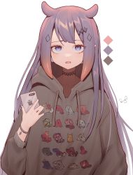 Rule 34 | 1girl, absurdres, blue eyes, cellphone, fang, gradient hair, highres, holding, holding phone, hololive, hololive english, hood, hoodie, long hair, long sleeves, mole, mole under eye, multicolored hair, ninomae ina&#039;nis, octopus print, open mouth, orange hair, phone, print hoodie, purple hair, simple background, smartphone, solo, szuukie, upper body, virtual youtuber, white background