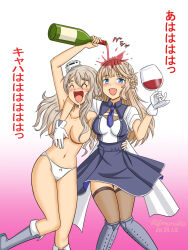 Rule 34 | 2girls, blue eyes, blue necktie, bottle, braid, breasts, closed eyes, commentary request, cup, drinking glass, feet out of frame, geru, gradient background, grey hair, grey thighhighs, hat, holding, holding bottle, kantai collection, large breasts, light brown hair, long hair, medium breasts, mini hat, multiple girls, necktie, panties, pola (kancolle), pouring, ranger (kancolle), side braids, thighhighs, topless, two-tone dress, underwear, underwear only, wavy hair, white panties, wine bottle, wine glass