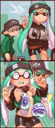 Rule 34 | !, 1boy, 1girl, 2koma, ?, aqua eyes, aqua hair, assisted exposure, beanie, bike shorts, black eyes, black headwear, black sweater, blush, border, breast padding, breasts, brown border, cellphone, closed mouth, clothes lift, clothes pull, clothes writing, comic, cowboy shot, disembodied hand, domino mask, embarrassed, emphasis lines, english text, fang, gluteal fold, green jacket, groin, half-closed eyes, hand up, hands up, happy, hat, highres, holding, inkling, inkling boy, inkling girl, inkling player character, jacket, jaggy lines, large breasts, lifting another&#039;s clothes, light blush, long hair, long sleeves, looking at another, looking down, mask, motion lines, multiple views, nintendo, no bra, nose blush, outdoors, phone, pointy ears, recording, shiny clothes, shiny skin, shirt lift, shirt pull, short hair, skin fang, small breasts, smile, smug, splatoon (series), standing, surprised, sweater, sweater lift, tentacle hair, tentacles, twintails, underboob, v, wamudraws, water balloon, wide-eyed