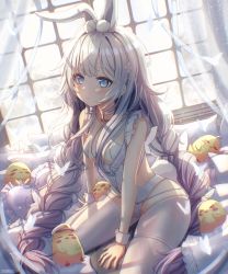 Rule 34 | + +, 1girl, absurdres, animal ear fluff, animal ears, azur lane, blue eyes, braid, breasts, cross-shaped pupils, curtains, fake animal ears, highres, le malin (azur lane), le malin (listless lapin) (azur lane), leotard, long hair, manjuu (azur lane), official alternate costume, on bed, pantyhose, playboy bunny, rabbit ears, small breasts, solo, sunlight, suoniko, symbol-shaped pupils, tail, twin braids, very long hair, white hair, white leotard, white pantyhose, window, wrist cuffs