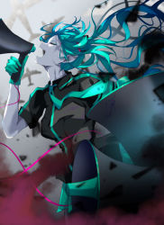 Rule 34 | 1girl, aircraft, airplane, aqua gloves, aqua hair, aqua necktie, bomber, closed eyes, floating hair, from side, gloves, goma irasuto, hatsune miku, highres, holding, holding megaphone, jet, koi wa sensou (vocaloid), long hair, megaphone, military, military vehicle, necktie, open mouth, solo, twintails, vocaloid