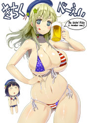 Rule 34 | 10s, 2girls, :q, alcohol, american flag bikini, american flag print, atago (kancolle), beer, beer mug, bikini, black hair, blonde hair, blue eyes, blush, breast envy, breasts, choker, commentary request, cup, english text, flag print, front-tie top, hair ornament, hat, highres, huge breasts, kantai collection, long hair, looking at viewer, mug, multiple girls, one eye closed, personification, print bikini, serubitchi suisan, shiny skin, short hair, side-tie bikini bottom, simple background, skindentation, star-shaped pupils, star (symbol), star hair ornament, swimsuit, symbol-shaped pupils, takao (kancolle), tongue, tongue out, translated, union jack, uo denim, white background, wink