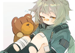Rule 34 | 1girl, aaoshigatoutoi, bandage on knee, bandaged leg, bandages, bandaid, bandaid on face, bandaid on nose, crying, crying with eyes open, girls&#039; frontline, grey hair, highres, hs2000 (girls&#039; frontline), jacket, knees to chest, long hair, long sleeves, ponytail, sitting, stuffed animal, stuffed toy, tears, teddy bear, yellow eyes
