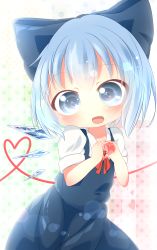 Rule 34 | 1girl, akisha, bad id, bad pixiv id, blue dress, blue eyes, blue hair, blush, bow, cirno, dress, fang, hair bow, heart, heart hands, heart of string, highres, ice, ice wings, looking at viewer, matching hair/eyes, open mouth, smile, solo, touhou, wings