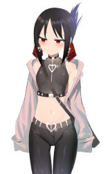 Rule 34 | 1girl, absurdres, alternate costume, bad id, bad pixiv id, belt, belt buckle, black choker, black hair, black pants, blush, breasts, buckle, choker, closed mouth, collarbone, commentary request, earrings, folded ponytail, hair ribbon, heart, heart earrings, highres, jacket, jewelry, kaguya-sama wa kokurasetai ~tensai-tachi no renai zunousen~, leather, leather pants, long sleeves, looking away, midriff, navel, open clothes, open jacket, pants, parted bangs, red eyes, red ribbon, revision, ribbon, shinomiya kaguya, sidelocks, simple background, sketch, small breasts, solo, topu, white background, white jacket, zipper