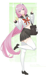 absurdres alternate_costume bag black_footwear black_hair black_sailor_collar blue_eyes bow bowtie breasts chinese_commentary commentary_request cropped_shirt dated elf elysia_(honkai_impact) flower full_body hair_flower hair_ornament highres honkai_(series) honkai_impact_3rd lao_xi looking_at_viewer medium_breasts midriff navel open_mouth pink_hair pointy_ears red_bow red_bowtie sailor_collar school_uniform shirt shoulder_bag thighhighs thighs two-tone_background v white_shirt white_thighhighs