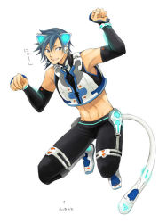 Rule 34 | 1boy, animal ear headphones, animal ears, blue eyes, blue hair, boots, cat boy, cat ear headphones, cat ears, cat tail, detached sleeves, fake animal ears, full body, headphones, headset, kaito (vocaloid), male focus, matching hair/eyes, meikousei, midriff, navel, project diva, project diva (series), project diva 2nd, short hair, simple background, smile, solo, tail, vocaloid, white background