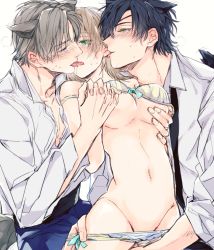 Rule 34 | 10s, 1girl, 2boys, animal ears, bra, bra lift, breasts, brown hair, cleavage, dress shirt, ear licking, female saniwa (touken ranbu), girl sandwich, green eyes, grey hair, group sex, holding hands, heshikiri hasebe, hetero, interlocked fingers, kemonomimi mode, large breasts, large hands, licking, lingerie, looking at another, medium breasts, mmf threesome, motion lines, multiple boys, navel, off shoulder, open clothes, open shirt, panties, panty pull, sandwiched, saniwa (touken ranbu), shirt, shokudaikiri mitsutada, strap slip, sweat, sweatdrop, tail, tail wagging, threesome, touken ranbu, underboob, underwear, undressing, yellow eyes